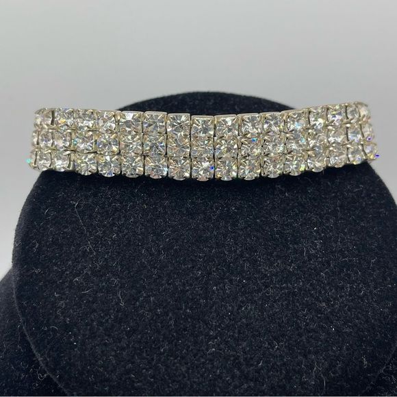 3 strand Rhinestone Bracelet 8” Long Stretch Band - Picture 1 of 3